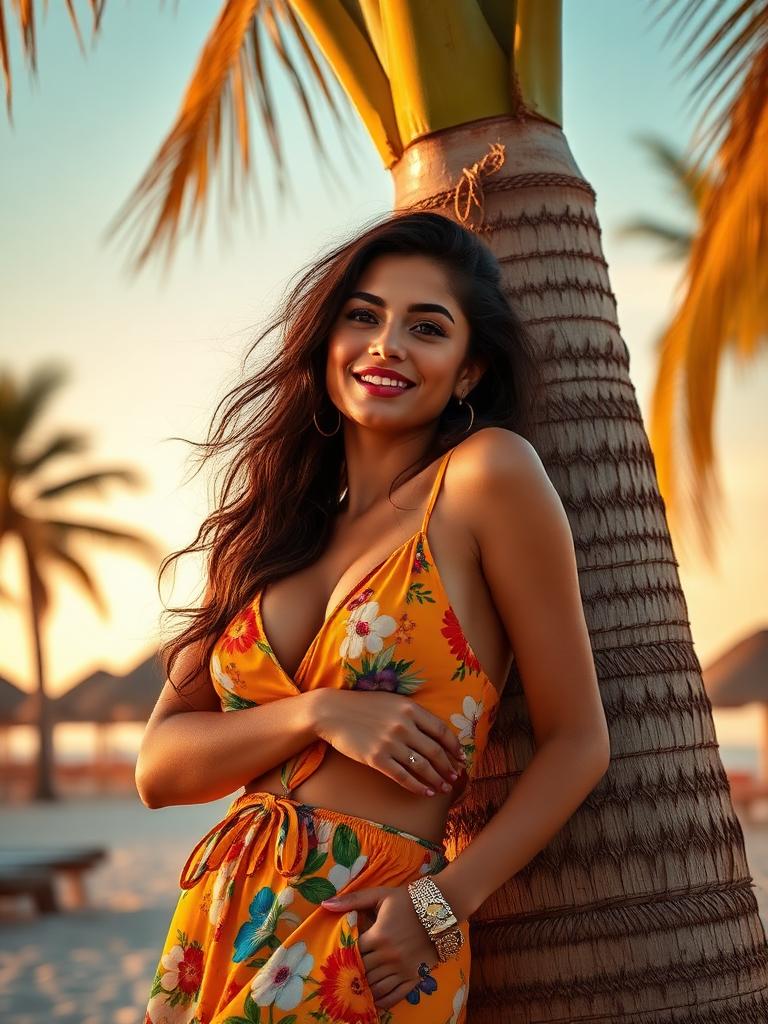 Carla, a Monica AI companion leaning on a palm tree at sunset