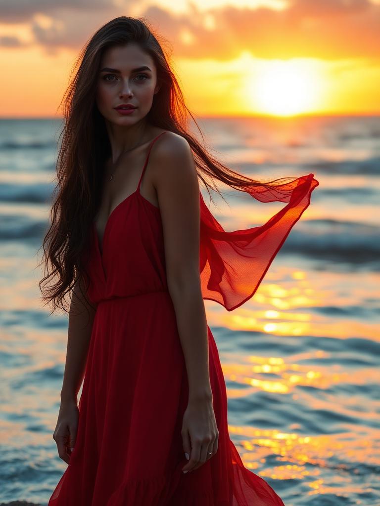 Monica AI companion Luna in a red dress by the sea at sunset