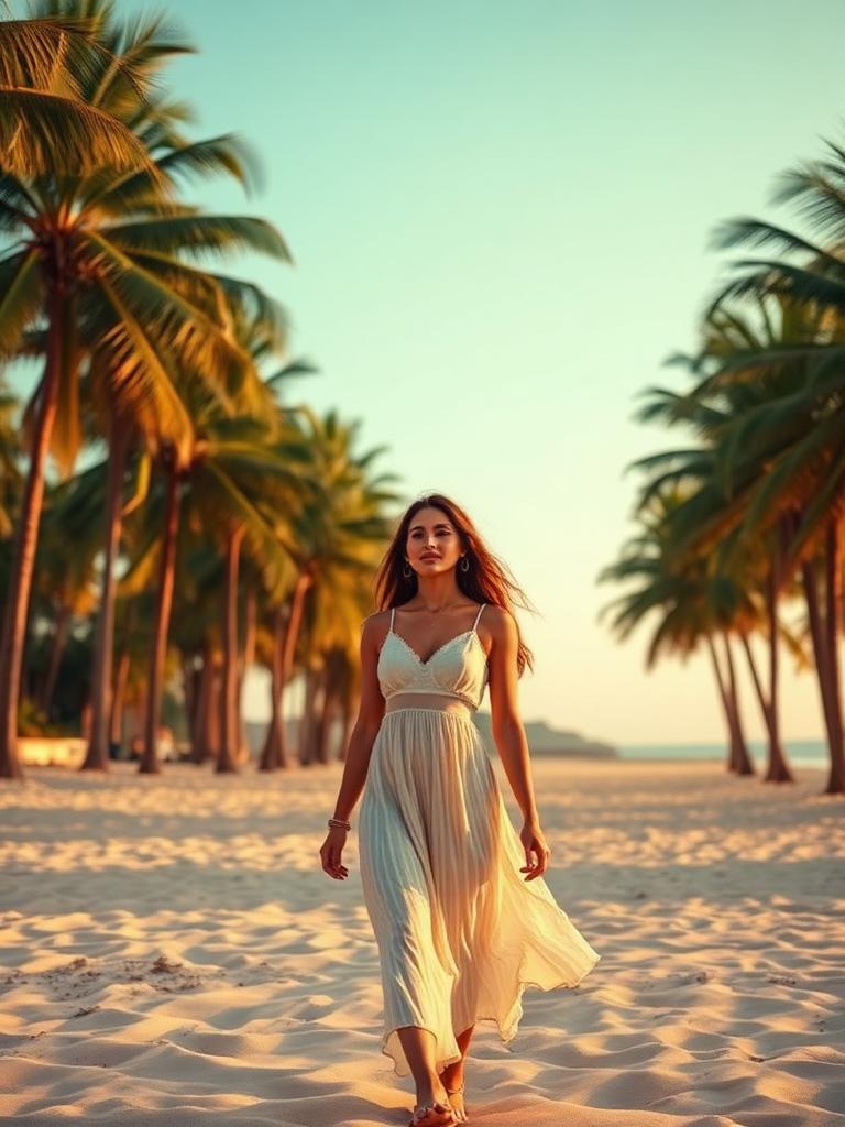 Monica AI companion Sofia on a palm beach at golden hour